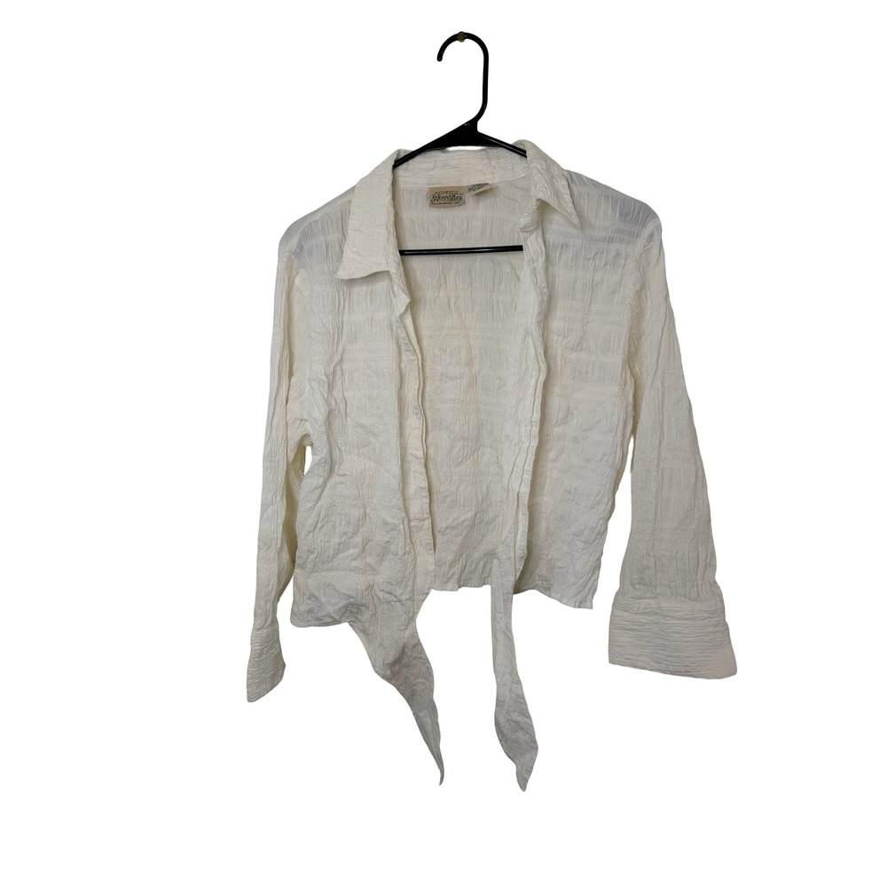 St Johns Bay White Crinkle Tie Front Blouse Large Cotton Textured Long Sleeve